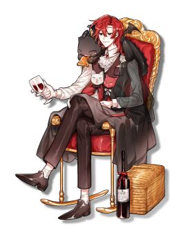 Rule 34 | 1boy, alcohol, animal, animal on shoulder, armchair, ascot, basket, black cape, black cat, black pants, black vest, bottle, brooch, brown pants, brown vest, cale henituse, cape, cat, chair, collared shirt, crossed legs, cup, demon wings, drinking glass, food, full body, gotdok, hair between eyes, highres, holding, holding cup, hong (lout of count's family), jewelry, long sleeves, looking at viewer, lout of count's family, male focus, medium hair, ohn (lout of count's family), pants, picnic basket, raon miru, red eyes, red hair, shirt, shoes, simple background, sitting, smile, socks, solo, vest, virtual youtuber, white ascot, white background, white cat, white shirt, white socks, wine, wine bottle, wine glass, wings