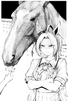 1girl 1other absurdres ahoge animal animal_ears blush closed_mouth crossed_arms ear_covers frown highres horse horse_ears horse_girl long_hair niwarhythm orfevre_(racehorse) orfevre_(umamusume) school_uniform single_ear_cover skirt tongue tongue_out tracen_school_uniform umamusume