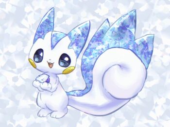 animal_focus blue_eyes commentary_request full_body gem gen_4_pokemon gigii2810 happy highres holding looking_at_viewer nintendo no_humans open_mouth pachirisu pokemon pokemon_(creature) pokemon_focus smile solo squirrel standing