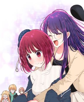 1boy 4girls arima_kana black_jacket black_shirt blush bob_cut closed_eyes closed_mouth glasses highres hoshino_ai hoshino_aquamarine hoshino_ruby inverted_bob jacket jewelry long_hair long_sleeves multiple_girls necklace open_mouth oshi_no_ko purple_hair red_eyes red_hair risdelusions saitou_miyako shirt yellow_jacket