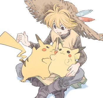 1girl 9st_3nomushi :d absurdres black_shirt blonde_hair blue_feathers blue_pants boots brown_eyes brown_shoes feathers gen_1_pokemon hat hat_feather highres indian_style nintendo one_eye_closed open_mouth pants pikachu pikachu_doll pokemon pokemon_adventures red_feathers shirt shoes sitting smile straw_hat stuffed_toy sweatdrop tunic white_background yellow_(pokemon) yellow_fur yellow_tunic