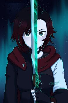 1girl aqua_eyes black_gloves black_hair chaikachi commentary crying crying_with_eyes_open crystal_sword eyelashes fingerless_gloves gloves gradient_hair highres holding holding_sword holding_weapon hood hood_down long_sleeves mixed-language_commentary multicolored_hair red_hair ruby_rose rwby short_hair signature sky solo split_screen star_(sky) starry_sky streaming_tears sword tears upper_body weapon