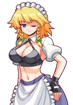 1girl alternate_hair_color apron blonde_hair blue_eyes breasts cleavage fingerless_gloves gloves half-closed_eye hand_on_own_hip izayoi_sakuya large_breasts legs looking_at_viewer maid maid_apron maid_headdress midriff nail_polish one_eye_closed seductive_gaze seductive_smile short_hair skirt smile solo tank_top thighs toned touhou