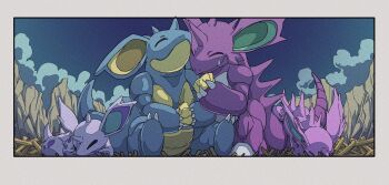closed_eyes couple family fang gen_1_pokemon hetero highres horns nest nidoking nidoqueen nidoran nidoran_(female) nidoran_(male) night nintendo onamuzi_illust outdoors pokemon pokemon_(creature) single_horn sleeping spikes