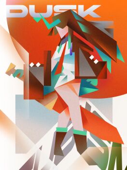 Rule 34 | 1girl, abstract, abstract background, absurdres, arknights, bare legs, black boots, black hair, boots, character name, commentary, cubism, dress, dusk (arknights), english commentary, english text, film grain, full body, highres, holding, holding sword, holding weapon, horns, long hair, minimalism, necktie, nikov, red necktie, short dress, solo, sword, weapon, white dress