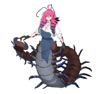 1girl abdomen_tail absurdres ahoge antennae arthropod_girl arthropod_limbs arthropod_tail belt blue_overalls body_markings breasts brown_gloves brown_ribbon bug carapace centipede_girl cleavage commentary denim denim_overalls drill_hair drill_sidelocks english_commentary extra_legs gloves gradient_hair green_eyes hair_between_eyes hair_ribbon highres huge_ahoge large_breasts leather leather_gloves long_sidelocks mandibles monster_girl multicolored_hair multiple_legs original overalls partially_open_shirt pink_hair pocket purple_hair ribbon shirt sidelocks sleeves_rolled_up solo taur torn_clothes twin_drills two-tone_hair umisaki very_long_sidelocks white_shirt