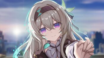 1girl 1other absurdres aqua_hair black_hairband blurry blurry_background cityscape closed_mouth commentary_request dissolving empty_eyes false_smile firefly_(honkai:_star_rail) glowing glowing_hair glowing_veins gradient_hair grey_hair hair_between_eyes hair_ornament hairband highres holding_hands honkai:_star_rail honkai_(series) interlocked_fingers long_hair multicolored_hair outdoors portrait pov pov_hands purple_eyes shirt smile sun veins white_shirt yami_(yangjiechen5)