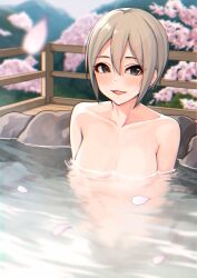 Rule 34 | 1girl, absurdres, bathing, black eyes, blush, breasts, cherry blossoms, cleavage, collarbone, completely nude, grey hair, hair between eyes, highres, idolmaster, idolmaster cinderella girls, looking at viewer, medium breasts, nude, partially submerged, reflection, shiomi syuko, short hair, sketch background, smile, solo, t.r, water