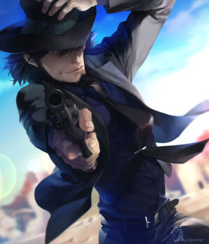 1boy absurdres artist_logo artist_name beard black_hair black_hat black_necktie blue_shirt cloud cloudy_sky commentary facial_hair fedora formal_clothes gun hand_on_headwear hat hat_over_one_eye highres holding holding_gun holding_weapon jigen_daisuke logo looking_at_viewer lupin_iii male_focus necktie outdoors realistic shirt shiyuu_(shiyu) short_hair sideburns sky smile solo suit weapon