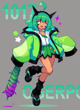 1girl :d black_hairband black_socks chaoschao character_name club_(weapon) collared_shirt commentary_request fake_horns fangs full_body green_hair green_jacket green_skirt hairband happy highres hood hood_down hooded_jacket horn_hairband horns humanization jacket leg_up long_sleeves loose_socks medium_hair miniskirt nintendo ogerpon open_clothes open_jacket open_mouth orange_eyes pleated_skirt pokedex_number pokemon pokemon_(creature) shirt skirt sleeves_past_fingers sleeves_past_wrists smile socks solo star-shaped_pupils star_(symbol) symbol-shaped_pupils weapon white_shirt