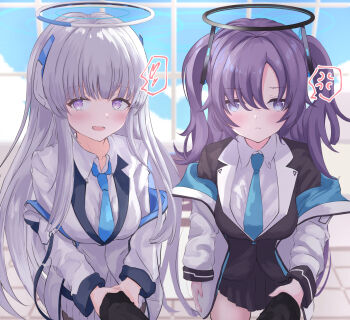 1boy 2girls aqua_necktie black_gloves black_jacket black_suit blue_archive blue_eyes blue_hair blue_necktie breasts collared_shirt commentary_request formal_clothes gloves hair_between_eyes hair_ornament half_gloves halo headgear headphones highres jacket large_breasts light_blush long_hair long_sleeves looking_at_viewer mechanical_halo multiple_girls necktie noa_(blue_archive) open_clothes open_jacket open_mouth pov purple_eyes purple_hair school_uniform sensei_(blue_archive) shirt sidelocks skirt smile suit triangle_hair_ornament two-sided_fabric two-sided_jacket two_side_up very_long_hair white_hair white_halo white_jacket white_shirt white_suit yoshi-j yuuka_(blue_archive)