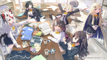 >_< 6+girls ahoge amanogawa_shiina angel_wings animal_ears aqua_eyes black_hair black_jacket black_skirt blonde_hair blunt_ends book bow bowtie breasts brown_hair chisaka_airi collared_shirt colored_inner_hair commentary_request commission copyright_notice cup demon_wings erina_makina feathered_wings fox_ears hamanashi_(trapiorra) highres himemiya_rie holding holding_cup horns indoors jacket kettle komachi_panko large_breasts long_hair long_sleeves low_wings multicolored_hair multiple_girls official_art open_clothes open_jacket orange_bow orange_bowtie paper phase_alias phase_connect pink_eyes pink_hair pleated_skirt pointy_ears red_eyes red_panda_ears remilia_nephys school_uniform scissors_hair_ornament shirt skirt small_horns snack sunlight table thighhighs tiger_ears twintails virtual_youtuber white_hair white_shirt white_thighhighs white_wings wings yellow_eyes