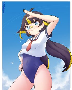 1girl arm_up artist_name black_hair black_nails blonde_hair blue_eyes blue_one-piece_swimsuit blue_sky blush closed_mouth covered_navel cowboy_shot cropped_shirt day eyelashes female_focus fingernails from_below indie_virtual_youtuber konan_exe long_hair looking_at_viewer looking_down low_twintails multicolored_hair nail_polish one-piece_swimsuit outdoors petite shirt sky smile solo standing swimsuit thick_eyebrows toko_(vtuber) twintails two-tone_hair variant_set virtual_youtuber white_shirt