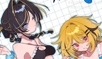 2girls bare_shoulders black_hair blonde_hair blue_eyes blush braid breasts character_request cleavage commentary commission copyright_request eyelashes grid_background hair_between_eyes hair_intakes hair_ornament hairclip highres long_hair multicolored_hair multiple_girls oishiitigo one_eye_closed open_mouth outer_glow red_eyes scrunchie single_braid skeb_commission tongue tongue_out two-tone_hair white_background wrist_scrunchie