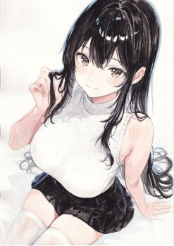 1girl bare_arms black_hair black_skirt blush breasts brown_eyes closed_mouth commentary_request double-parted_bangs from_above hair_between_eyes hand_up high_collar highres large_breasts long_hair looking_at_viewer miniskirt original painting_(medium) pale_skin parted_bangs pleated_skirt sidelocks simple_background sitting skirt sleeveless smile solo sweater thighhighs traditional_media upper_body watercolor_(medium) wavy_hair white_background white_sweater white_thighhighs yoru_(watercolor_artist)