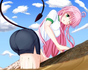 1girl ahoge artist_request ass blush breasts demon_girl demon_tail female_focus green_eyes gym_uniform highres lala_satalin_deviluke leaning leaning_forward long_hair mud one_eye_closed open_mouth pink_hair shiny_skin shorts solo tail to_love-ru very_long_hair wince