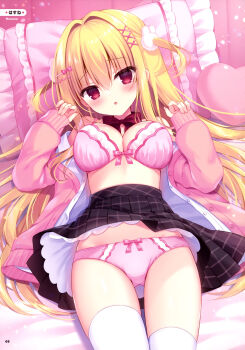 1girl absurdres artist_name bed black_skirt blonde_hair blush bow bow_bra bow_panties bowtie bra breasts cardigan cleavage clothes_lift collared_shirt dengeki_moeoh groin hair_intakes hair_ornament hairpin hasune head_on_pillow highres indoors layered_skirt long_hair looking_at_viewer lying magazine_scan medium_breasts on_back on_bed open_cardigan open_clothes open_shirt original page_number panties parted_lips pillow pink_bow pink_bra pink_cardigan pink_panties pleated_skirt red_bow red_bowtie red_eyes scan school_uniform shiny_skin shirt sidelocks skirt skirt_lift solo thighhighs third-party_source two_side_up underwear white_shirt white_thighhighs x_hair_ornament