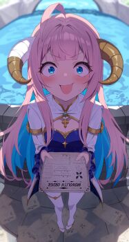 1girl absurdres ahoge bandaged_horn bitseon blue_dress blue_eyes blurry blurry_background blush breasts dress highres holding holding_paper horns long_hair long_sleeves looking_at_viewer open_mouth original outdoors paper pink_hair poolside shrug_(clothing) small_breasts solo thigh_strap thighhighs tongue tongue_out white_thighhighs