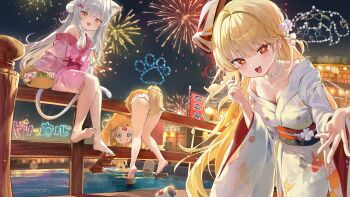 3girls :3 :d absurdres animal_ears beckoning blonde_hair blue_eyes breasts bridge brown_hair butter_(trickcal) can cat_ears cat_girl cat_tail come_hither dog_ears dog_girl dog_tail erpin_(trickcal) fang festival fireworks fox_mask geta grey_hair hanging_legs highres japanese_clothes kimono kommy_(trickcal) long_hair long_sleeves looking_at_viewer mask medium_breasts miniskirt multiple_girls obi open_mouth pink_kimono platform_sandals riko_(rik0ring) river sandals sash short_kimono sign single_bare_foot single_bare_shoulder sitting skirt smile summer_festival tail trickcal water white_hair white_skirt wooden_bridge yellow_kimono yukata