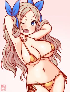 Rule 34 | 1girl, alternate breast size (larger), alternate costume, arms behind head, artist logo, asakaze (kancolle), bikini, blue eyes, blush, breasts, brown hair, cowboy shot, dated, gold bikini, hair ribbon, kanon (kurogane knights), kantai collection, large breasts, logo, long hair, looking at viewer, open mouth, pink background, ribbon, sidelocks, smile, solo, swimsuit, wavy hair