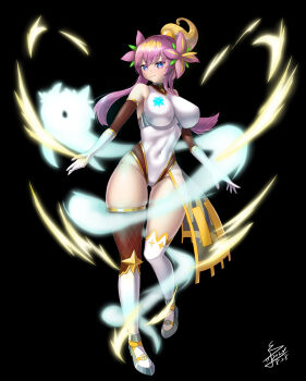 1girl 2024 absurdres aura black_background blonde_hair blue_eyes bodysuit boots breasts closed_mouth commentary_request covered_navel dated duel_masters elbow_gloves flower gloves gold_trim hair_flower hair_ornament high_ponytail highres impossible_bodysuit impossible_clothes impossible_leotard large_breasts leotard long_hair multicolored_eyes multicolored_hair pink_eyes pink_hair ponytail rafululu_love_(duel_masters) sidelocks signature skin_tight solo tachi-e taimanin_suit thigh_boots thighhighs wato_(watto1005) white_gloves white_leotard