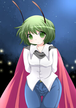 Rule 34 | 1girl, antennae, arms behind back, bad id, bad pixiv id, cape, female focus, green eyes, green hair, hammer (sunset beach), matching hair/eyes, night, short hair, sky, solo, thigh gap, touhou, upper body, wide hips, wriggle nightbug
