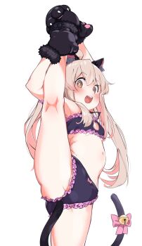 1girl :d ahoge animal_ear_fluff animal_ears animal_hands arms_up bare_arms bare_legs bare_shoulders bell black_bra black_panties blonde_hair blush bow bra cat_cutout cat_ears cat_lingerie cat_tail cleavage_cutout clothing_cutout commentary fake_tail female_focus frilled_bra frilled_panties frills gloves highres implied_object_insertion jingle_bell kneepits loli long_hair looking_at_viewer navel onii-chan_wa_oshimai! open_mouth oyama_mahiro panties paw_gloves paw_shoes pink_bow re:ankh simple_background smile solo split standing standing_on_one_leg standing_split stomach tail tail_bell tail_bow tail_ornament twintails underwear white_background