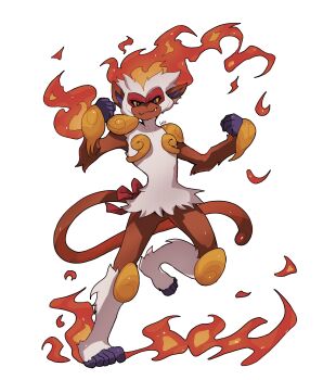 1girl absurdres blue_eyes brown_fur clenched_hands colored_sclera fang fang_out fiery_hair fire full_body gen_4_pokemon gold highres infernape knee_pads leg_up lole_pokemon looking_at_viewer monkey monkey_girl nintendo no_humans pokemon pokemon_(creature) pokemon_focus red_ribbon ribbon shoulder_pads smile solo standing tail tail_ornament tail_ribbon w_arms white_fur yellow_sclera