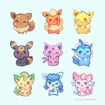 &gt;_o animal_focus black_fur blue_eyes blue_fur blue_sclera blush blush_stickers bow brown_eyes brown_fur brown_sclera cetacean_tail chibi chibi_only closed_mouth colored_sclera eevee espeon evolutionary_line fins fish_tail flareon forehead_jewel forked_tail gem gen_1_pokemon gen_2_pokemon gen_4_pokemon gen_6_pokemon glaceon green_fur head_fins holding jolteon leaf leafeon looking_at_viewer neck_fur nintendo no_humans one_eye_closed open_mouth orange_fur pink_fur pokemon pokemon_(creature) pokemon_focus purple_fur red_gemstone red_sclera ribbon simple_background smile sylveon tail toasterkiwi tongue tongue_out two-tone_fur umbreon vaporeon white_fur yellow_fur