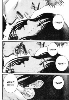Rule 34 | 1boy, 1girl, bad link, claws, drooling, gantz, gantz suit, greyscale, lips, long hair, monochrome, oku hiroya, parted lips, saliva, sharp teeth, shimohira reika, sweat, sweatdrop, teeth, vietnamese commentary, vietnamese text