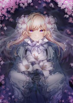 1girl blonde_hair collar flower frilled_collar frills hair_flower hair_ornament highres holding holding_flower long_hair long_sleeves looking_at_viewer lying multicolored_eyes original partially_submerged pink_flower red_eyes smile solo thx_39 upper_body water white_flower white_sleeves