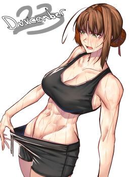 1girl abs absurdres antenna_hair bike_shorts bike_shorts_pull black_sports_bra braid breasts brown_hair bun_with_braided_base cleavage clothes_pull collarbone commentary dated duvalie eiyuu_densetsu english_commentary english_text green_eyes hair_between_eyes hair_bun highres large_breasts moren_eh muscular muscular_female navel open_mouth sen_no_kiseki_(series) short_hair shorts shorts_pull simple_background single_hair_bun single_hair_intake solo sports_bra stomach sweat upper_body white_background