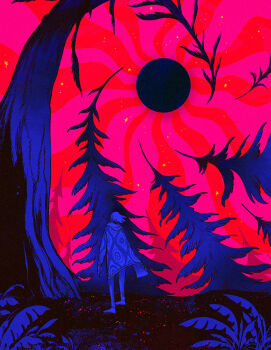 Rule 34 | 1boy, black sun, blue coat, coat, colorful, eye print, forest, from behind, horror (theme), inverted colors, jmfenner91, light rays, medium hair, nature, original, outdoors, patterned clothing, pine tree, print coat, red background, red sky, sky, spiral, standing, star (sky), star (symbol), starry sky, sun, surreal, tree