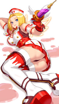 1girl ass bare_shoulders blonde_hair blue_eyes blue_mary bob_cut breasts cleavage commentary fatal_fury gloves halloween hat highres holding holding_syringe id_card large_breasts large_syringe looking_at_viewer midriff nurse nurse_cap oversized_object parted_hair revision short_hair simple_background sleeveless smile snk solo syringe the_king_of_fighters the_king_of_fighters_all-stars thighhighs white_thighhighs yagi2013