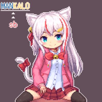 1boy 1girl ^_^ animal_ears animated animated_gif bar_censor bell black_thighhighs blue_eyes blush bouncing_breasts bow bowtie breasts brown_background cat_ears censored closed_eyes clothed_female_nude_male collarbone commission cowgirl_position cum cum_in_pussy cum_overflow dot_nose fang girl_on_top grinding hair_bell hair_ornament hair_ribbon hairclip hetero jacket jingle_bell loli long_hair long_sleeves looking_at_viewer looping_animation lowres moaning multicolored_hair navel nipples no_panties nude open_mouth outline penis pink_jacket pixel_art plaid_clothes plaid_skirt pleated_skirt pov pov_crotch pussy red_bow red_hair red_ribbon red_skirt ribbon sb_(coco1) sex shirt silver_hair simple_background skirt small_breasts smile solo_focus straddling streaked_hair tail tail_bow tail_ornament thighhighs vaginal vrchat white_outline white_shirt