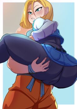 1boy 1girl absurdres android_18 ass bald between_breasts blonde_hair blue_eyes blush breasts cameltoe dragon_ball dragonball_z face_between_breasts grabbing_another&#039;s_ass groping head_between_breasts highres kuririn looking_at_viewer medium_breasts medium_hair shybred standing sweat upskirt