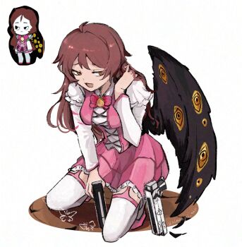 1girl akagami_0011 artist_name black_feathers black_wings breasts brown_eyes brown_hair commentary_request dress e.g.o_(project_moon) employee_(project_moon) falling_feathers feathers full_body game_screenshot_inset garter_straps gun handgun highres holding holding_gun holding_weapon in_the_name_of_love_and_hate_(e.g.o) lamp_(e.g.o) lobotomy_corporation long_hair magical_girl medium_breasts nugget_(project_moon) open_mouth pink_dress project_moon screenshot_inset simple_background sitting smile solemn_lament_(e.g.o) solo thighhighs twitter_username weapon white_background white_thighhighs wings