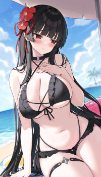 1girl alternate_costume ball bare_shoulders beachball bikini black_bikini black_hair blue_sky blush breasts chisa_(wuthering_waves) closed_mouth collarbone commentary day fingernails flower front-tie_bikini_top front-tie_top hair_flower hair_ornament hair_ribbon hand_on_own_chest highres large_breasts long_hair looking_to_the_side navel ocean outdoors red_eyes red_flower red_ribbon ribbon sky solo stomach swimsuit thigh_strap thighs very_long_hair wuthering_waves yuxian_youka