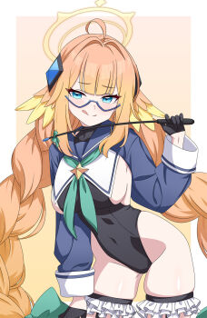 1girl :q ahoge aqua_neckerchief black_gloves black_leotard blue-framed_eyewear blue_archive blue_shirt blunt_bangs blush border bow braid breasts closed_mouth commentary covered_navel cowboy_shot cropped_shirt feather_hair frilled_thigh_strap glasses gloves green_bow green_eyes groin hair_bow hair_intakes half_gloves halo hand_up highleg highleg_leotard highres large_breasts leaning_forward leotard long_hair long_sleeves looking_at_viewer low_twintails naughty_face neckerchief official_alternate_costume official_alternate_hairstyle orange_background orange_hair outside_border semi-rimless_eyewear shimiko_(blue_archive) shimiko_(magical)_(blue_archive) shiny_skin shirt sideboob sidelocks simple_background skindentation smile solo thigh_strap tongue tongue_out tsurime twin_braids twintails very_long_hair welchsbinn white_border yellow_halo