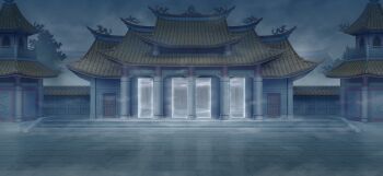 architecture bird divine_spirit_mausoleum dragon east_asian_architecture eastern_dragon fog game_cg gate night no_humans non-web_source official_art outdoors overcast phoenix pillar scenery sky stairs tile_roof touhou touhou_gensou_eclipse