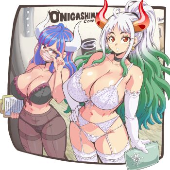 2girls blue_hair breasts cleavage lewdamone long_hair multicolored_hair multiple_girls one_piece ulti_(one_piece) yamato_(one_piece)