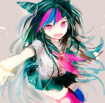 Rule 34 | 1girl, asymmetrical legwear, commentary request, danganronpa (series), danganronpa 2: goodbye despair, hair horns, long hair, looking at viewer, mioda ibuki, mismatched legwear, multicolored hair, neckerchief, pink neckerchief, school uniform, simple background, streaked hair, yuhazu (rhe-rhe)