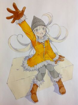 1girl arm_up beanie black_eyes black_hat black_pantyhose blonde_hair boots brown_boots brown_gloves coat commentary_request from_above full_body fur-trimmed_boots fur-trimmed_coat fur_trim gloves hat highres long_hair looking_at_viewer open_hand open_mouth original pantyhose peter_salt sitting smile solo traditional_media yellow_coat zipper zipper_pull_tab