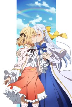 2girls ahoge anisphia_wynn_palettia ascot asymmetrical_bangs black_ribbon blonde_hair blue_dress blue_sky blush bow braid capelet closed_eyes collared_capelet commentary_request couple cowboy_shot cropped_jacket dress euphyllia_magenta frilled_skirt frilled_sleeves frills hair_bow hair_ribbon half_updo hand_on_another&#039;s_shoulder high-waist_skirt highres holding_hands jacket kiss long_dress long_hair long_sleeves miniskirt multiple_girls pillarboxed pink_skirt ribbon shirt short_hair skirt sky tensei_oujo_to_tensai_reijou_no_mahou_kakumei thighhighs white_ascot white_capelet white_hair white_jacket white_shirt white_thighhighs yellow_bow yellow_ribbon yuri yuyu_(oiun461) zettai_ryouiki