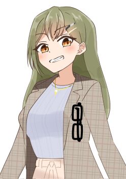 1girl black-framed_eyewear breasts brown_coat coat commentary corocoro567 double-parted_bangs eyewear_hang glasses green_hair grey_sweater grin hair_ornament hairclip highres jewelry large_breasts link!_like!_love_live! looking_at_viewer love_live! necklace official_alternate_costume ogami_sachi ogami_sachi_(post-graduation) open_clothes open_coat orange_eyes parallel_hairclips plaid_clothes plaid_coat smile solo sweater unworn_eyewear upper_body