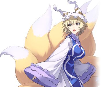 Rule 34 | 1girl, animal hat, artist request, blonde hair, blue tabard, dress, fox tail, game cg, hat, kitsune, labyrinth of touhou (series), labyrinth of touhou 2, long sleeves, mob cap, multiple tails, official art, open mouth, short hair, solo, tabard, tail, third-party source, touhou, transparent background, white dress, white hat, wide sleeves, yakumo ran, yellow eyes