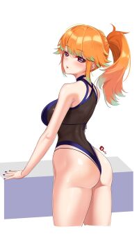 1girl absurdres ass black_swimsuit breasts casual_one-piece_swimsuit cowboy_shot from_behind gradient_hair highres hololive hololive_english large_breasts looking_at_viewer looking_back multicolored_hair one-piece_swimsuit one-piece_thong orange_hair perfume_(takanashi_kiara) ponytail purple_eyes see-through_clothes see-through_one-piece_swimsuit simple_background solo standing swimsuit takanashi_kiara tasty_(dudwofla) virtual_youtuber white_background