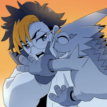 1boy absurdres blonde_hair blue_hair digimon digimon_beatbreak gecko gekkomon glasses hasegawa_(hase_popopo) highres limited_palette male_focus multicolored_hair orange_background round_eyewear simple_background tenma_tomoro two-tone_hair