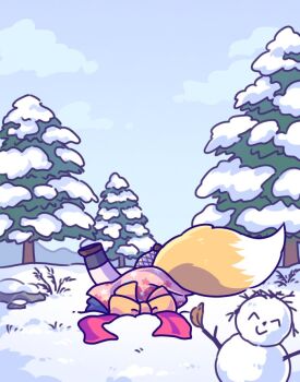 1girl asymmetrical_legwear black_socks blue_archive chibi chibi_only commentary doodle_sensei_(blue_archive) english_commentary fishnet_thighhighs fishnets fox_girl fox_tail izuna_(blue_archive) kaoling outdoors sensei_(blue_archive) single_sock single_thighhigh snow socks solo tail thighhighs winter