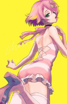 1girl artist_name ass back_tattoo black_choker chocobar_stxn choker cowboy_shot dr._stone dress frilled_dress frills from_behind hair_ornament high_heels highres lipstick looking_at_viewer looking_back luna_wright makeup pink_dress pink_hair red_eyes short_dress short_hair simple_background solo standing standing_on_one_leg star_(symbol) star_hair_ornament striped_clothes striped_dress tattoo thighhighs tramp_stamp two-tone_dress white_dress white_thighhighs yellow_background